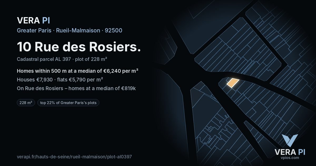 10 Rue des Rosiers, Rueil-Malmaison at night – the plot lit, the parcels around coloured by the prices near them