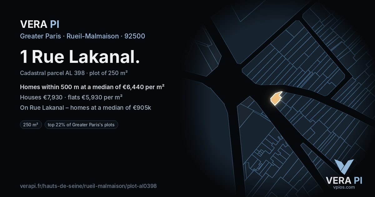 1 Rue Lakanal, Rueil-Malmaison at night – the plot lit, the parcels around coloured by the prices near them