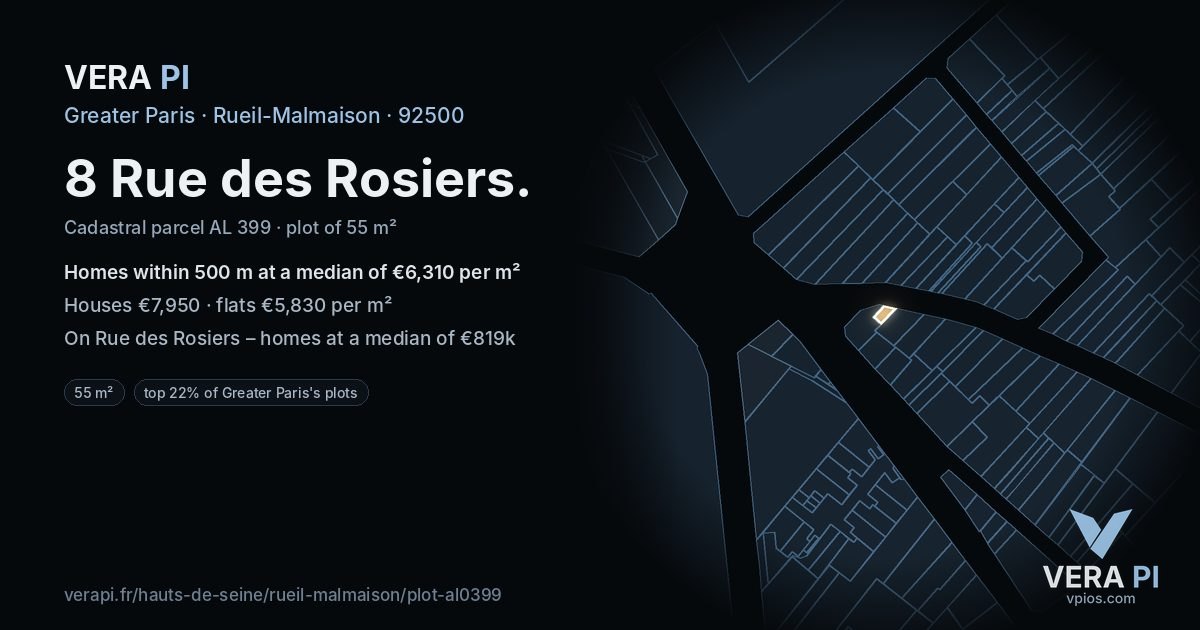 8 Rue des Rosiers, Rueil-Malmaison at night – the plot lit, the parcels around coloured by the prices near them