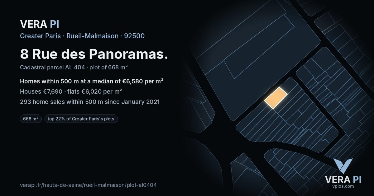 8 Rue des Panoramas, Rueil-Malmaison at night – the plot lit, the parcels around coloured by the prices near them