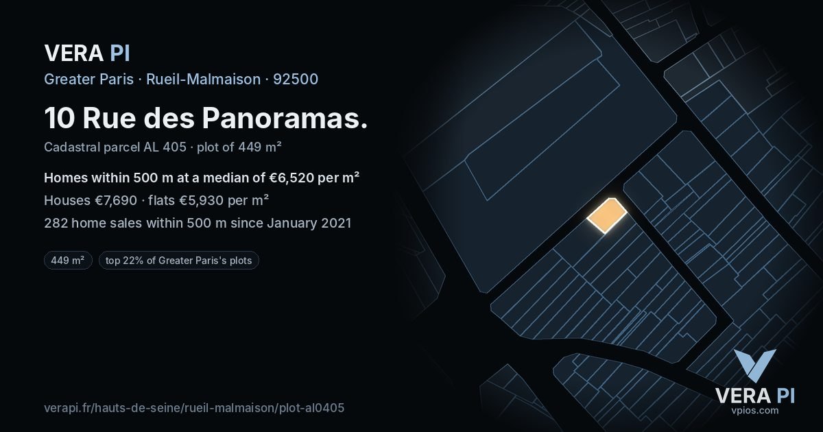 10 Rue des Panoramas, Rueil-Malmaison at night – the plot lit, the parcels around coloured by the prices near them