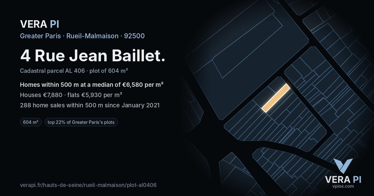 4 Rue Jean Baillet, Rueil-Malmaison at night – the plot lit, the parcels around coloured by the prices near them