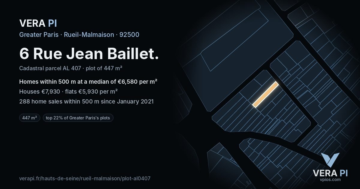 6 Rue Jean Baillet, Rueil-Malmaison at night – the plot lit, the parcels around coloured by the prices near them