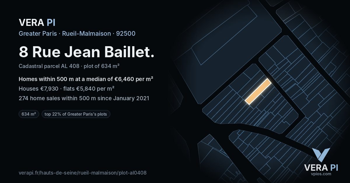 8 Rue Jean Baillet, Rueil-Malmaison at night – the plot lit, the parcels around coloured by the prices near them