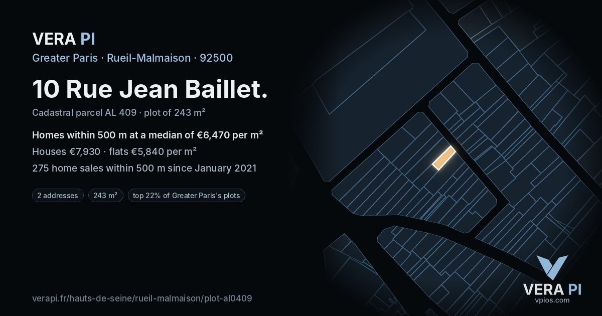 10 Rue Jean Baillet, Rueil-Malmaison at night – the plot lit, the parcels around coloured by the prices near them
