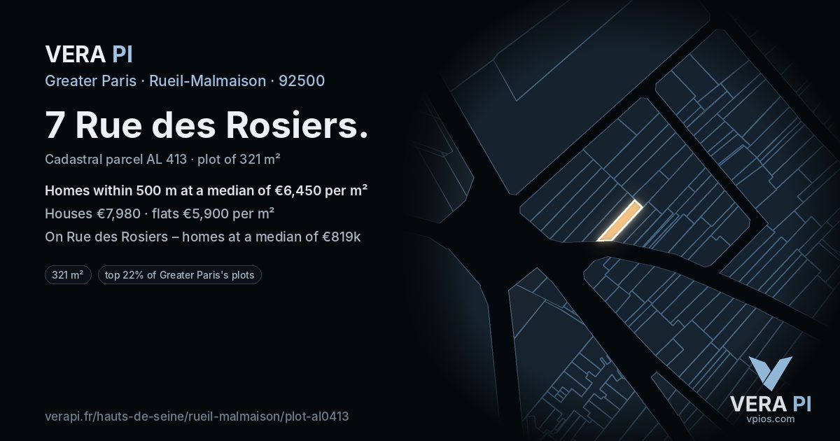 7 Rue des Rosiers, Rueil-Malmaison at night – the plot lit, the parcels around coloured by the prices near them