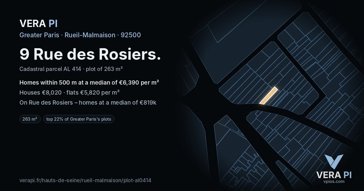 9 Rue des Rosiers, Rueil-Malmaison at night – the plot lit, the parcels around coloured by the prices near them