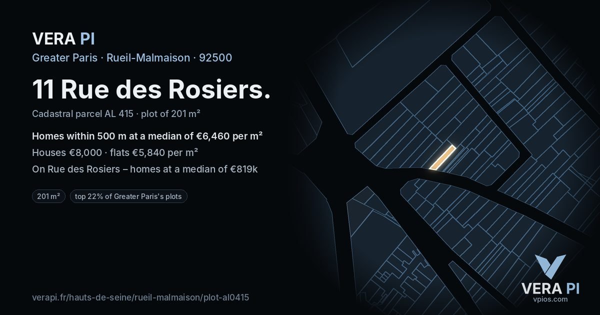 11 Rue des Rosiers, Rueil-Malmaison at night – the plot lit, the parcels around coloured by the prices near them
