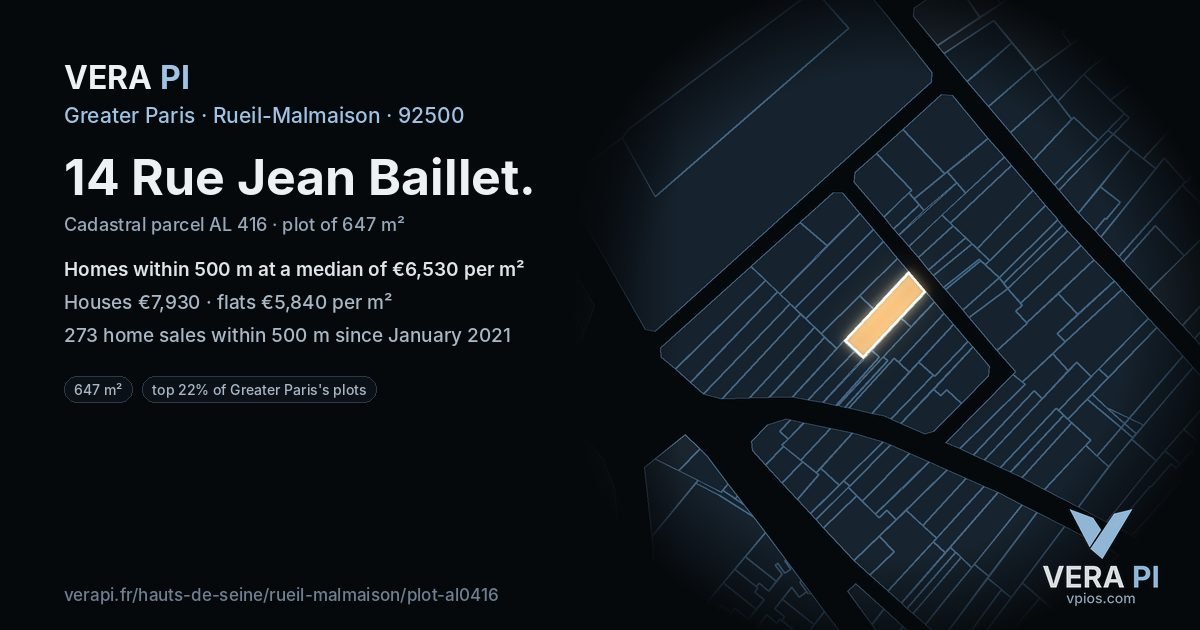 14 Rue Jean Baillet, Rueil-Malmaison at night – the plot lit, the parcels around coloured by the prices near them