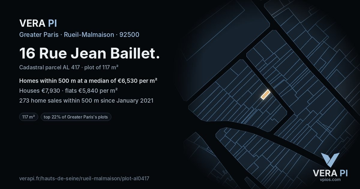 16 Rue Jean Baillet, Rueil-Malmaison at night – the plot lit, the parcels around coloured by the prices near them