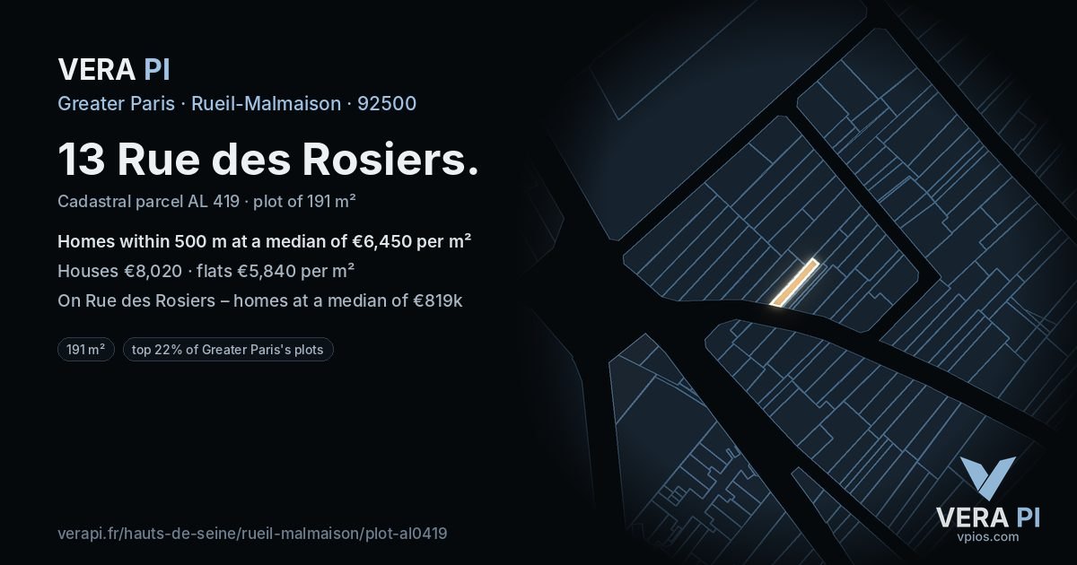 13 Rue des Rosiers, Rueil-Malmaison at night – the plot lit, the parcels around coloured by the prices near them