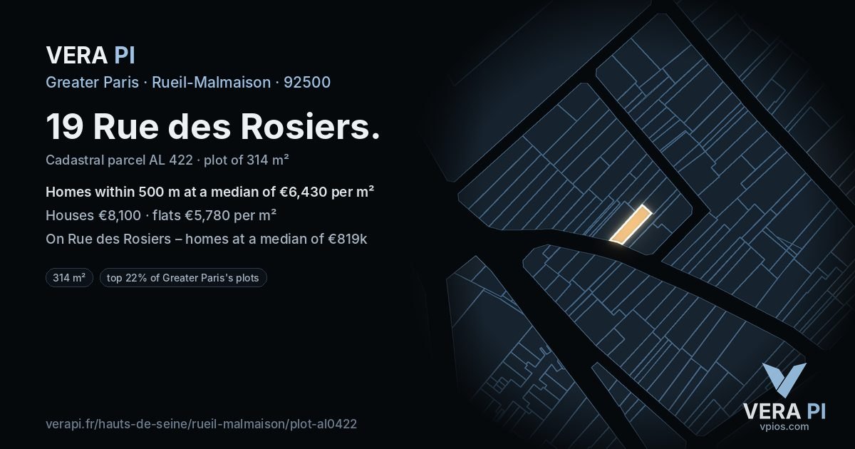 19 Rue des Rosiers, Rueil-Malmaison at night – the plot lit, the parcels around coloured by the prices near them