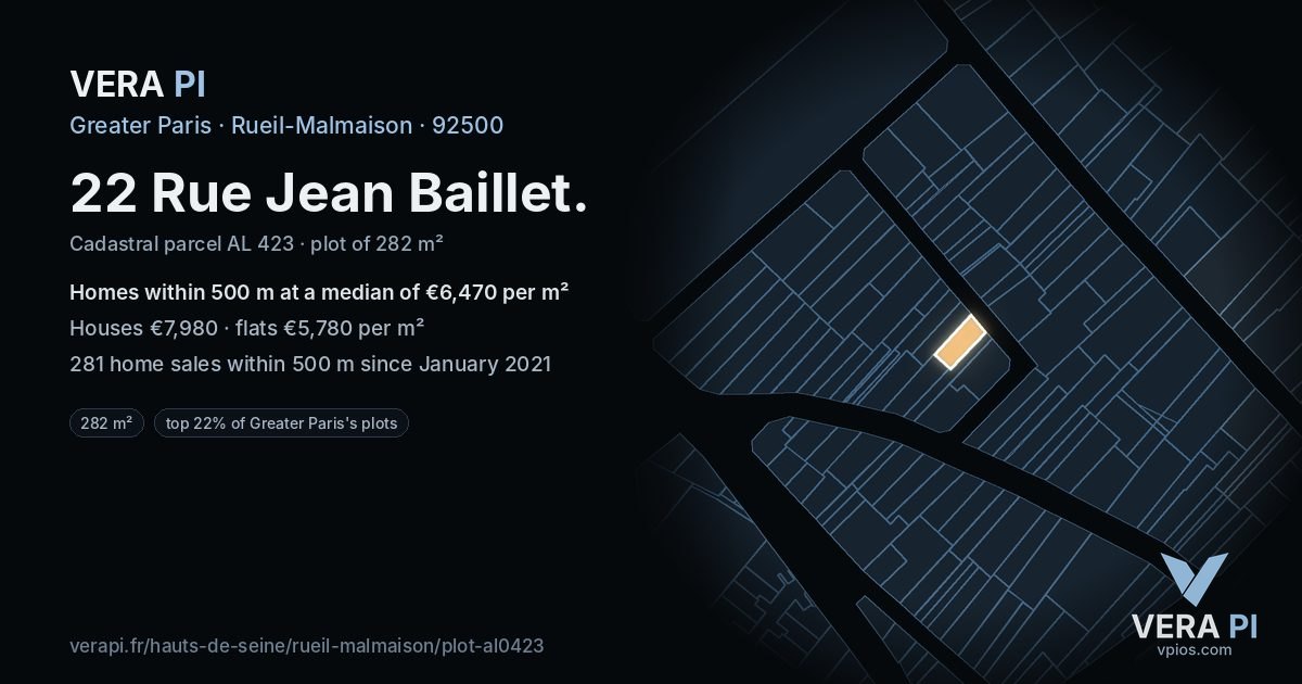 22 Rue Jean Baillet, Rueil-Malmaison at night – the plot lit, the parcels around coloured by the prices near them