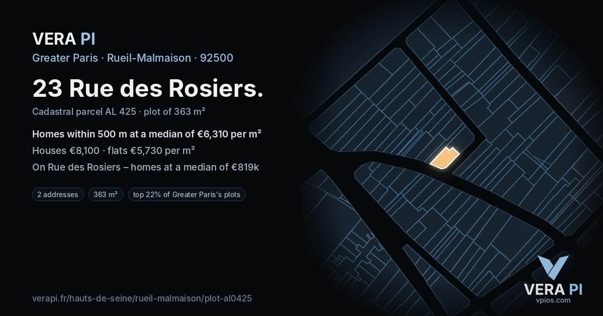 23 Rue des Rosiers, Rueil-Malmaison at night – the plot lit, the parcels around coloured by the prices near them