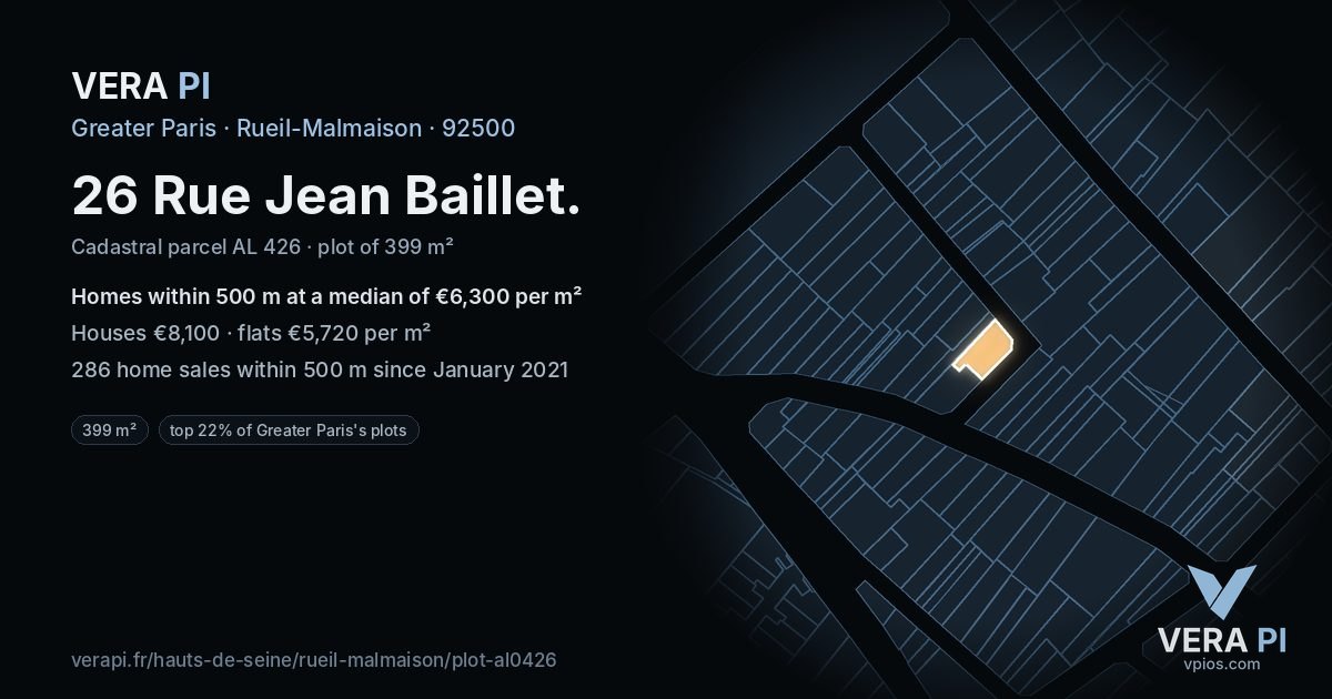 26 Rue Jean Baillet, Rueil-Malmaison at night – the plot lit, the parcels around coloured by the prices near them