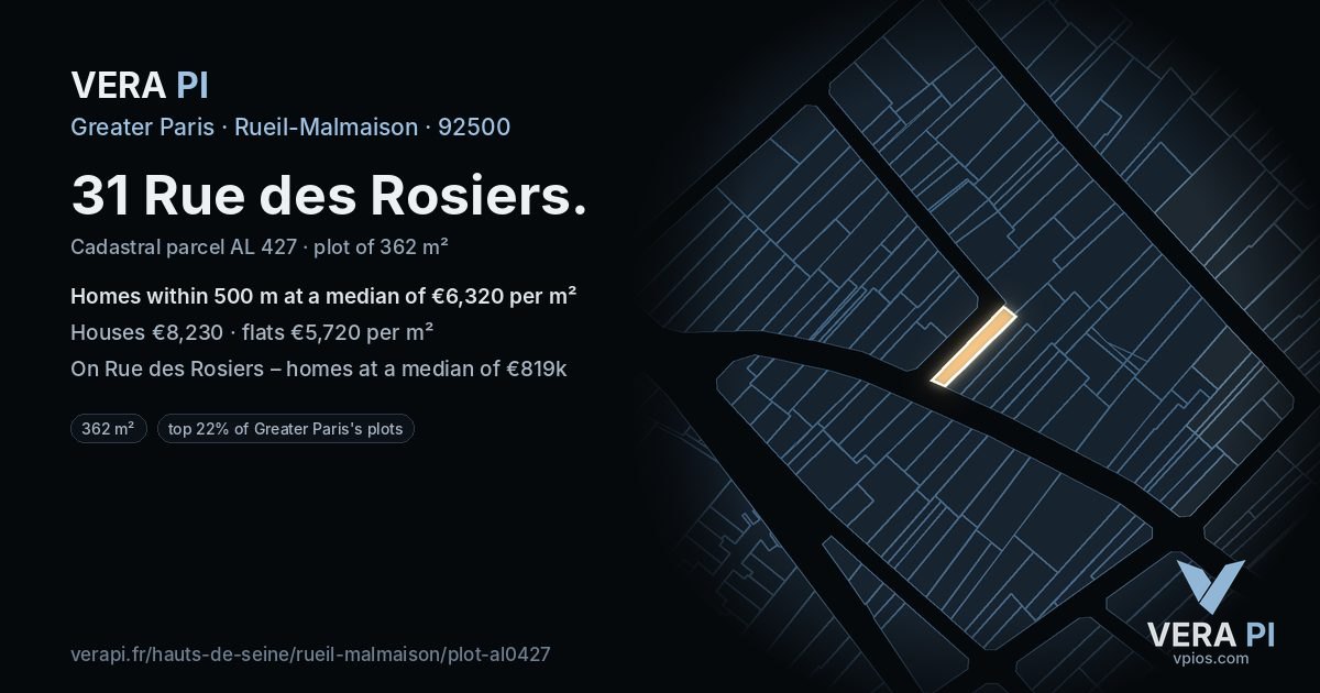 31 Rue des Rosiers, Rueil-Malmaison at night – the plot lit, the parcels around coloured by the prices near them
