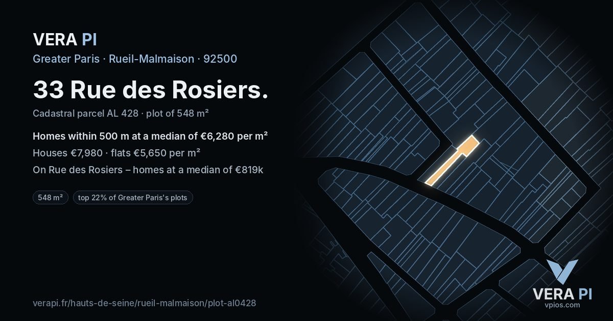 33 Rue des Rosiers, Rueil-Malmaison at night – the plot lit, the parcels around coloured by the prices near them