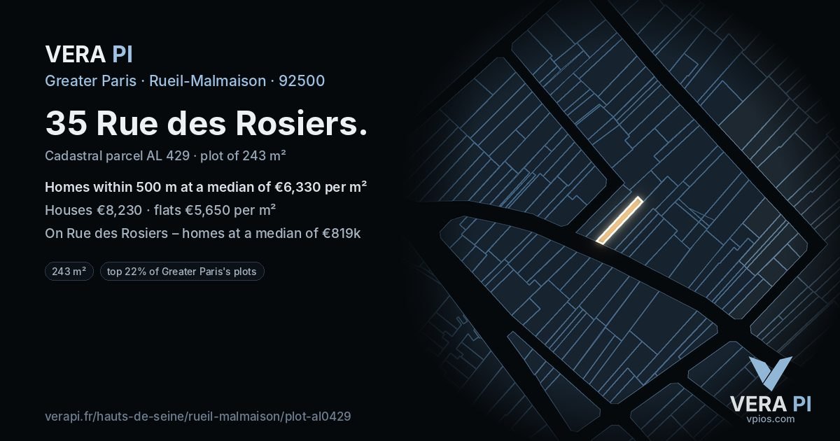 35 Rue des Rosiers, Rueil-Malmaison at night – the plot lit, the parcels around coloured by the prices near them
