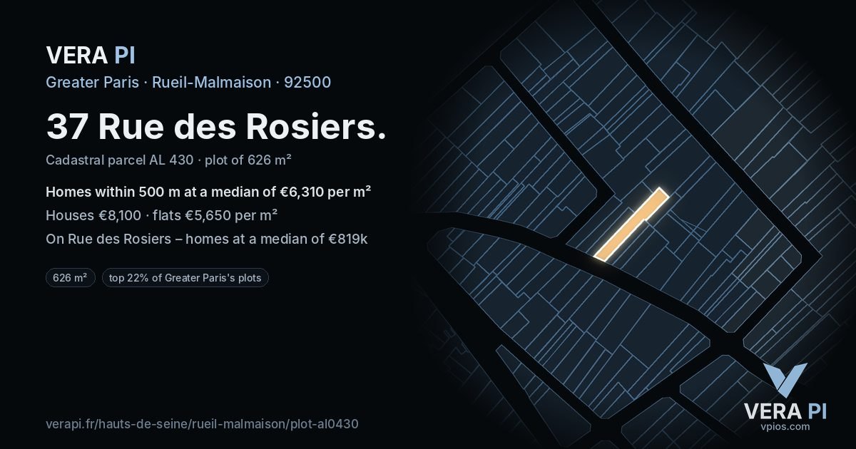 37 Rue des Rosiers, Rueil-Malmaison at night – the plot lit, the parcels around coloured by the prices near them