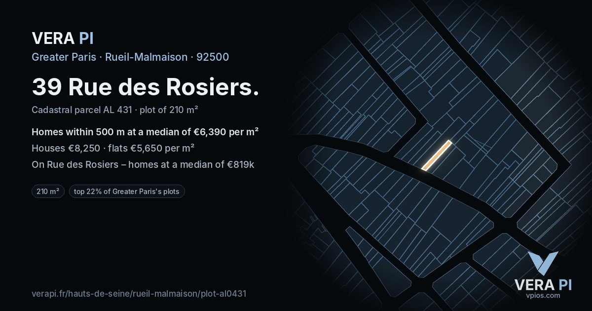 39 Rue des Rosiers, Rueil-Malmaison at night – the plot lit, the parcels around coloured by the prices near them