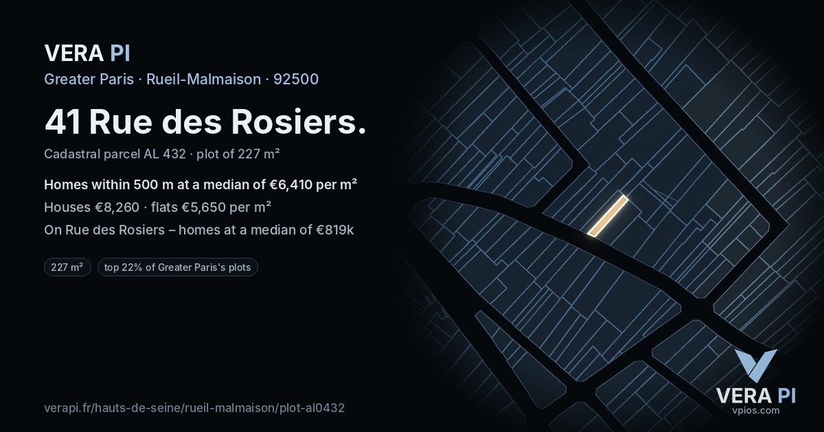 41 Rue des Rosiers, Rueil-Malmaison at night – the plot lit, the parcels around coloured by the prices near them