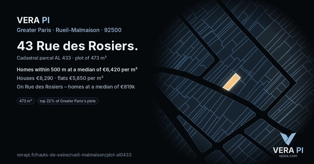 43 Rue des Rosiers, Rueil-Malmaison at night – the plot lit, the parcels around coloured by the prices near them