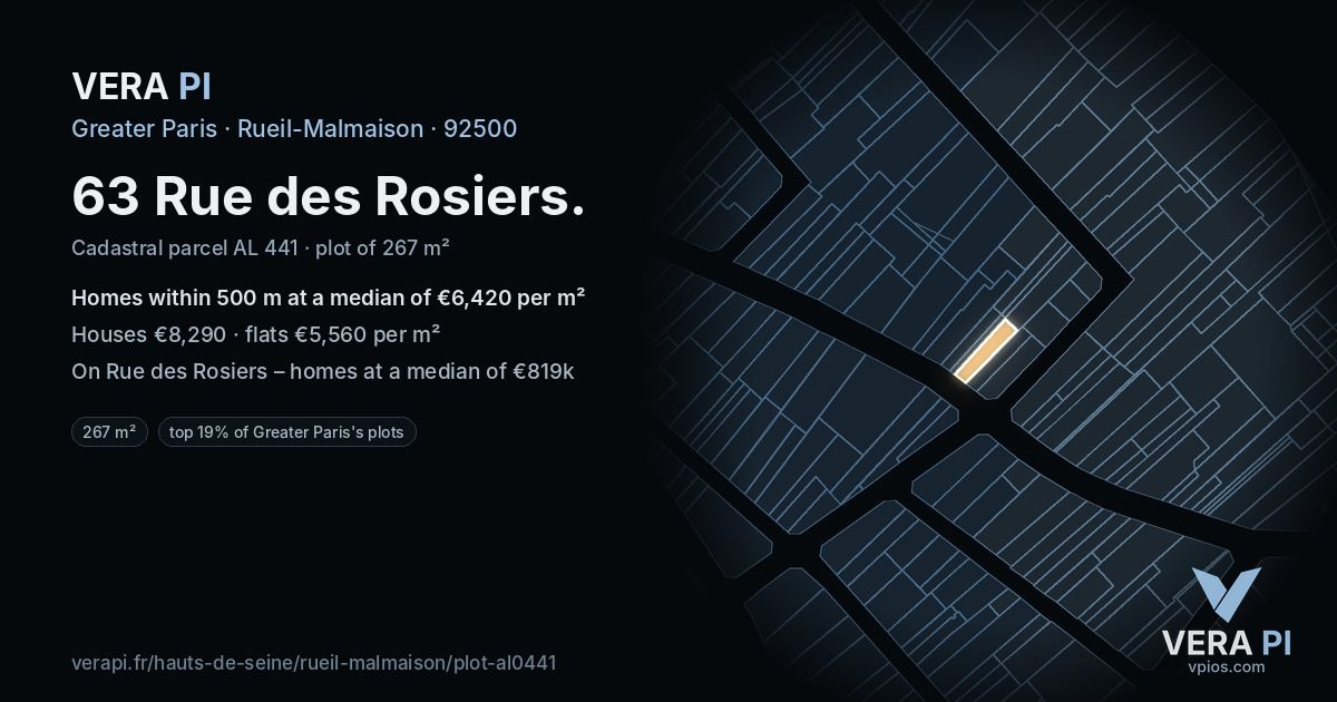 63 Rue des Rosiers, Rueil-Malmaison at night – the plot lit, the parcels around coloured by the prices near them