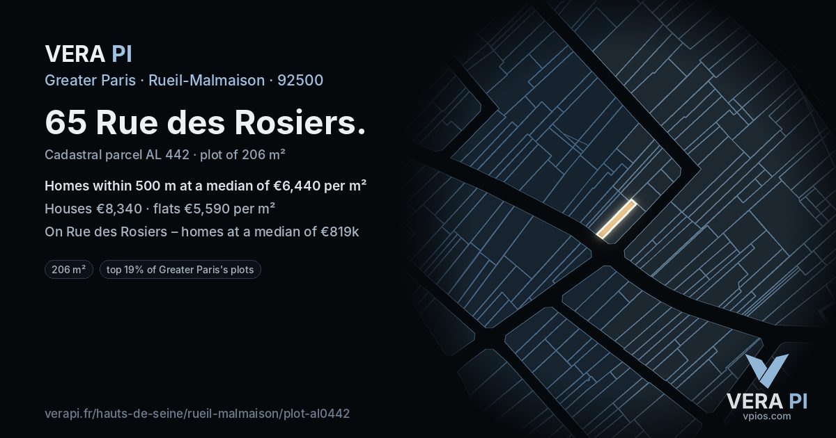 65 Rue des Rosiers, Rueil-Malmaison at night – the plot lit, the parcels around coloured by the prices near them
