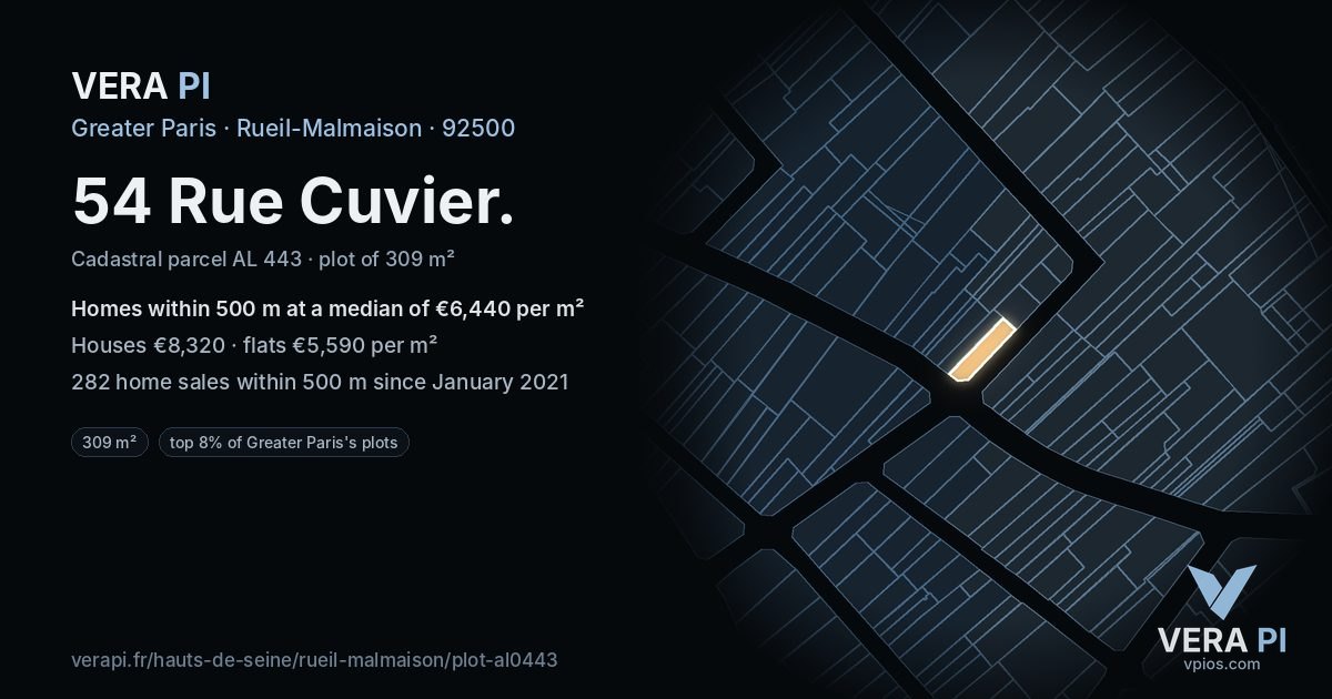54 Rue Cuvier, Rueil-Malmaison at night – the plot lit, the parcels around coloured by the prices near them