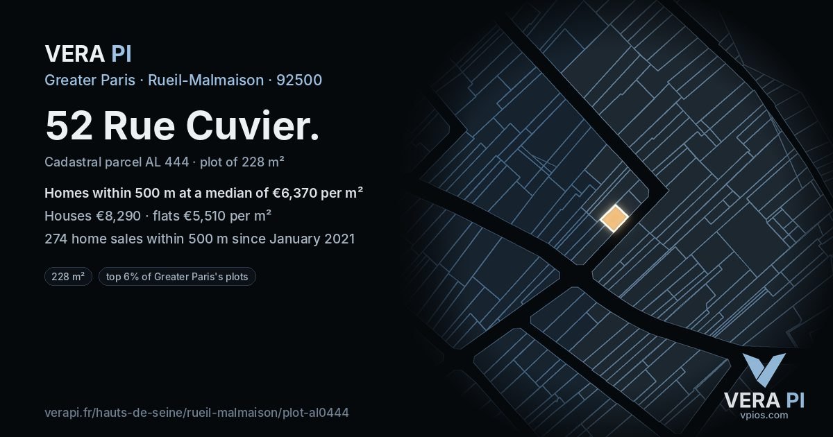 52 Rue Cuvier, Rueil-Malmaison at night – the plot lit, the parcels around coloured by the prices near them