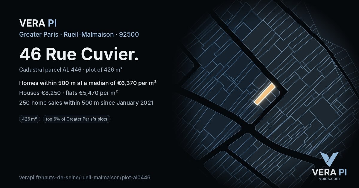 46 Rue Cuvier, Rueil-Malmaison at night – the plot lit, the parcels around coloured by the prices near them