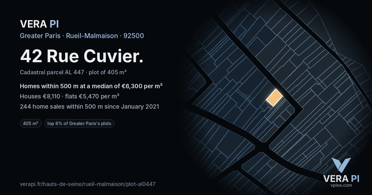 42 Rue Cuvier, Rueil-Malmaison at night – the plot lit, the parcels around coloured by the prices near them