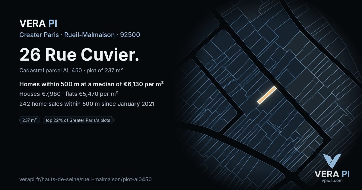 26 Rue Cuvier, Rueil-Malmaison at night – the plot lit, the parcels around coloured by the prices near them