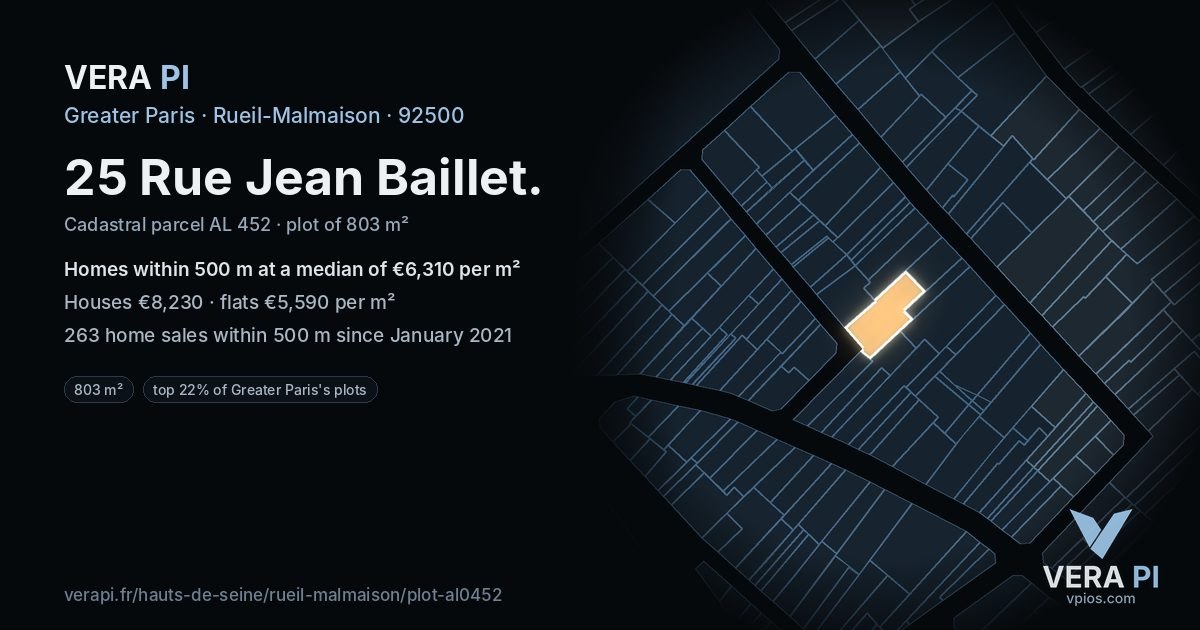 25 Rue Jean Baillet, Rueil-Malmaison at night – the plot lit, the parcels around coloured by the prices near them