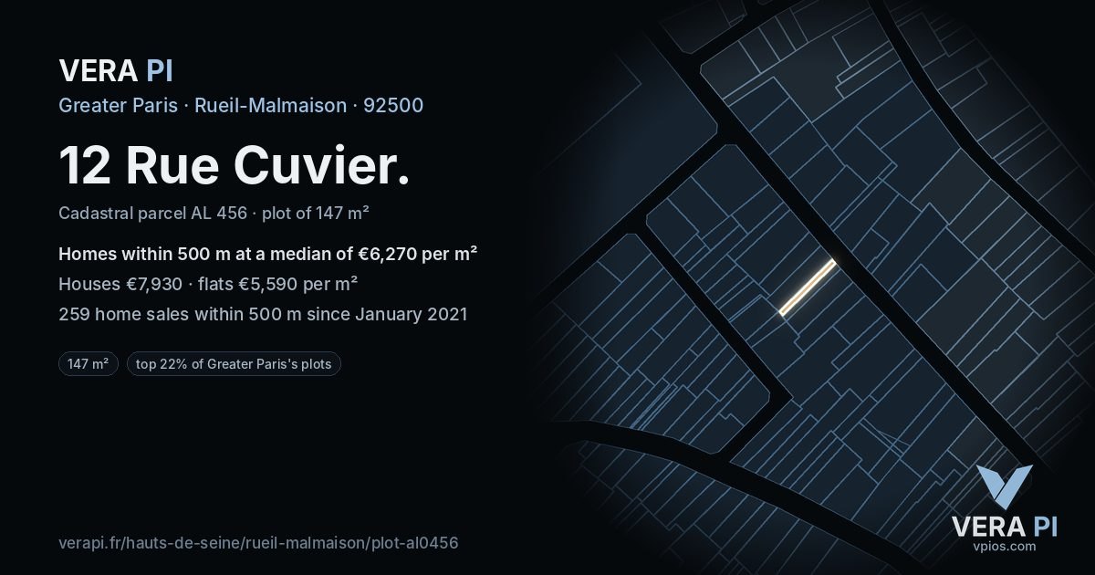 12 Rue Cuvier, Rueil-Malmaison at night – the plot lit, the parcels around coloured by the prices near them