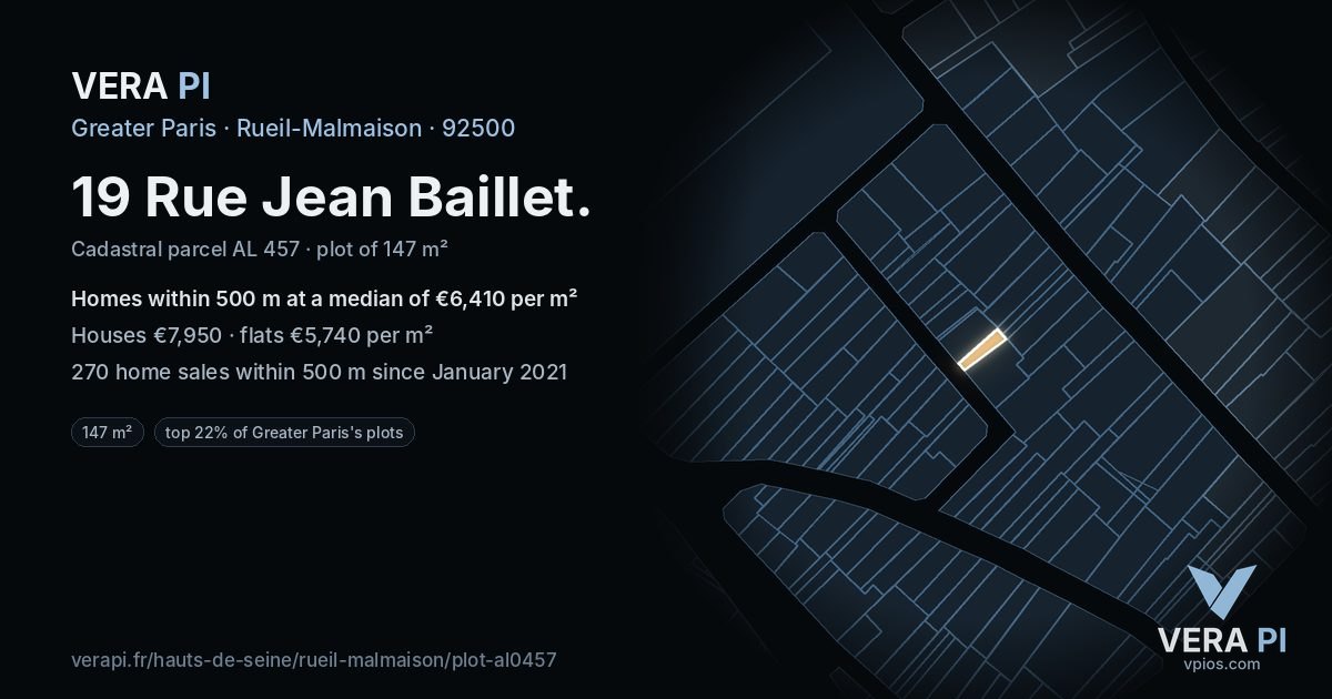 19 Rue Jean Baillet, Rueil-Malmaison at night – the plot lit, the parcels around coloured by the prices near them