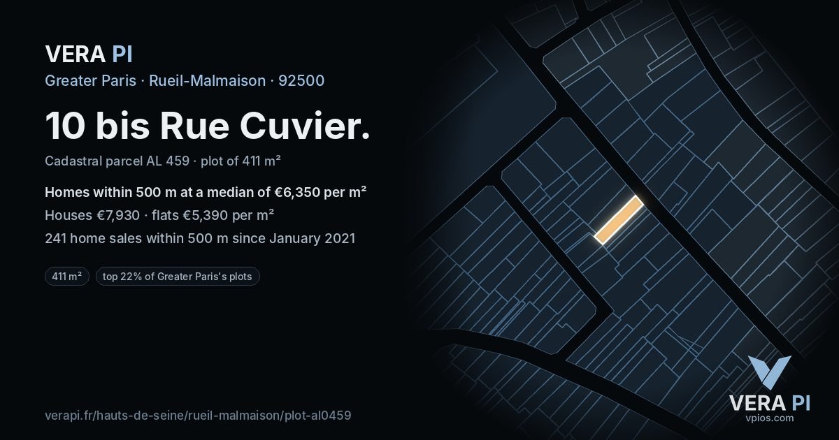 10 bis Rue Cuvier, Rueil-Malmaison at night – the plot lit, the parcels around coloured by the prices near them