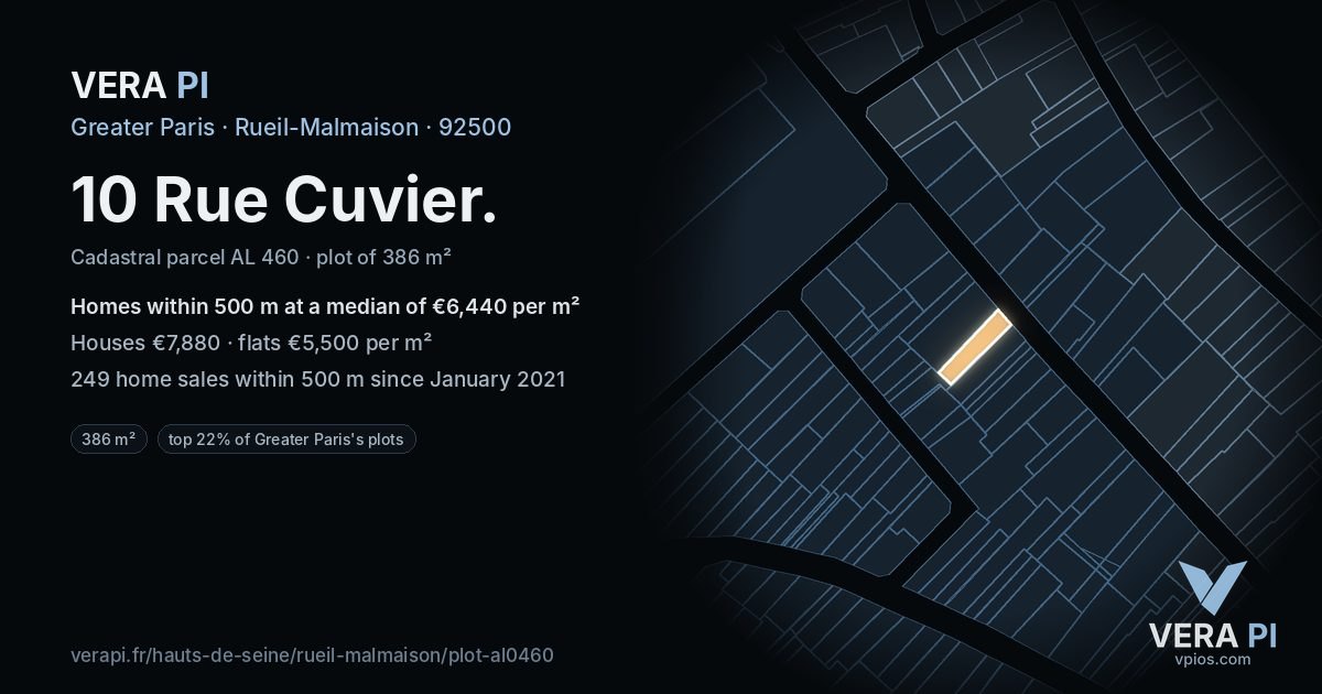 10 Rue Cuvier, Rueil-Malmaison at night – the plot lit, the parcels around coloured by the prices near them