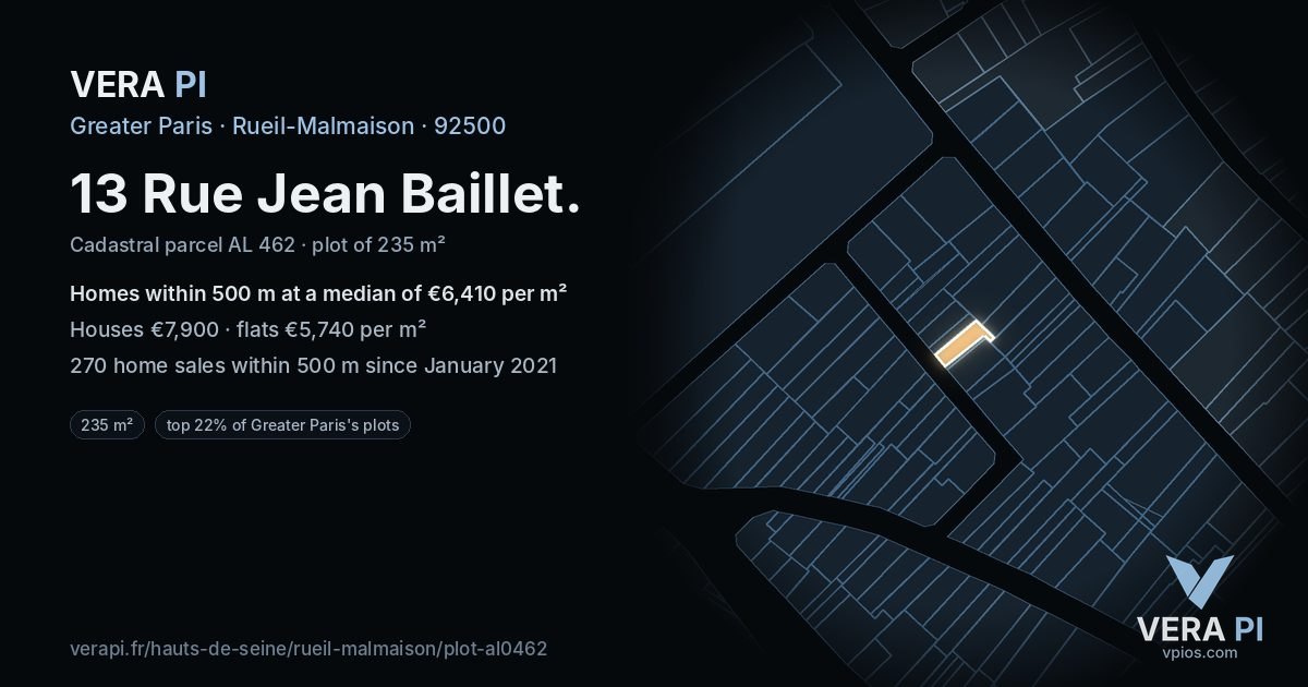 13 Rue Jean Baillet, Rueil-Malmaison at night – the plot lit, the parcels around coloured by the prices near them