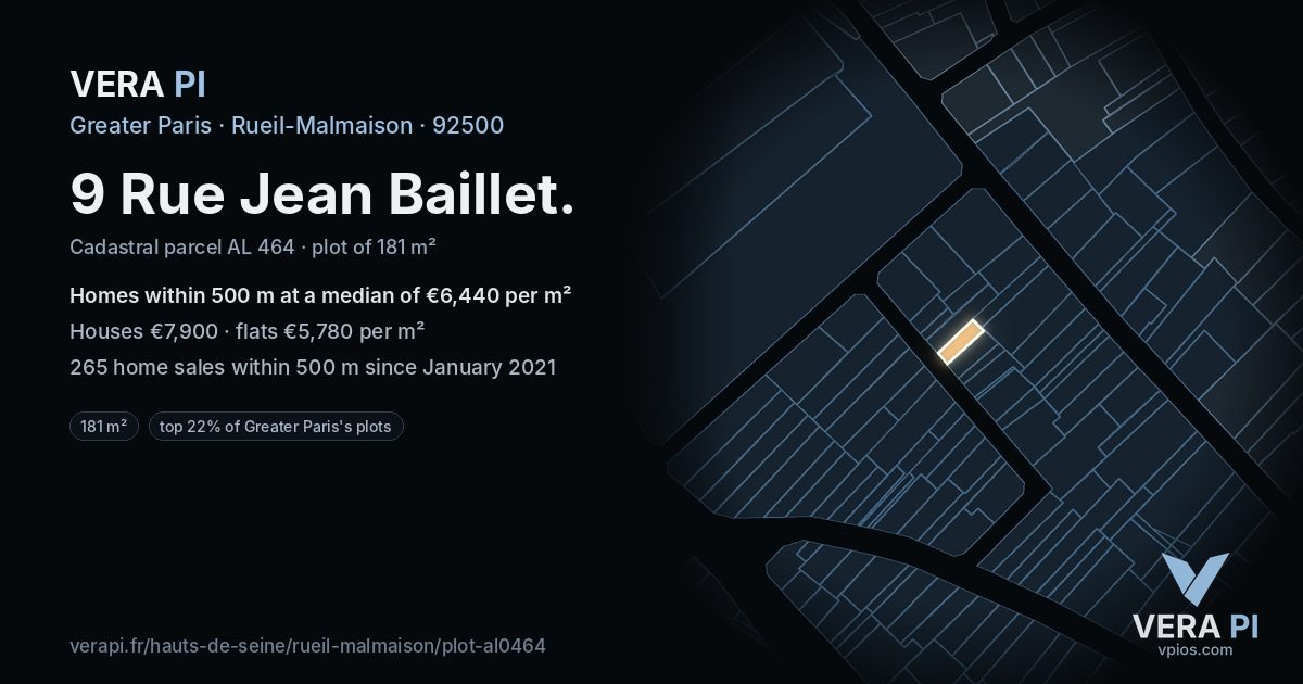 9 Rue Jean Baillet, Rueil-Malmaison at night – the plot lit, the parcels around coloured by the prices near them