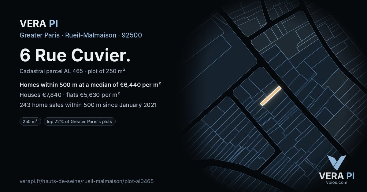 6 Rue Cuvier, Rueil-Malmaison at night – the plot lit, the parcels around coloured by the prices near them