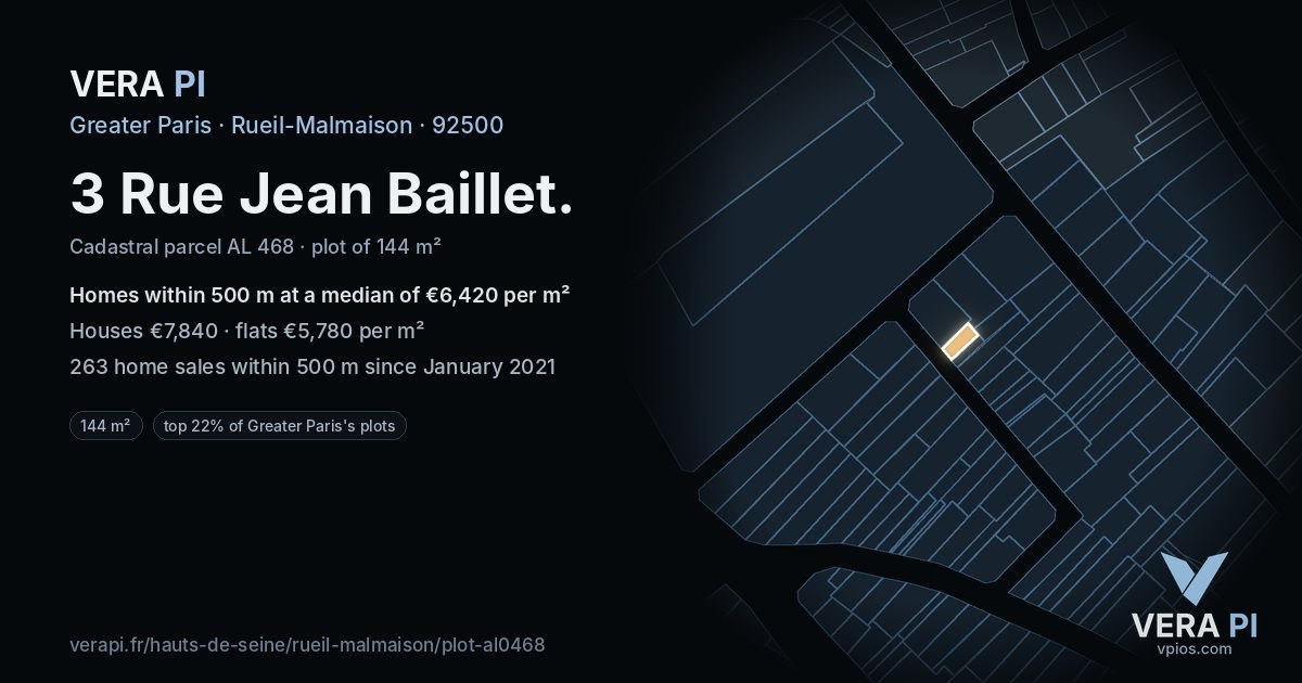 3 Rue Jean Baillet, Rueil-Malmaison at night – the plot lit, the parcels around coloured by the prices near them