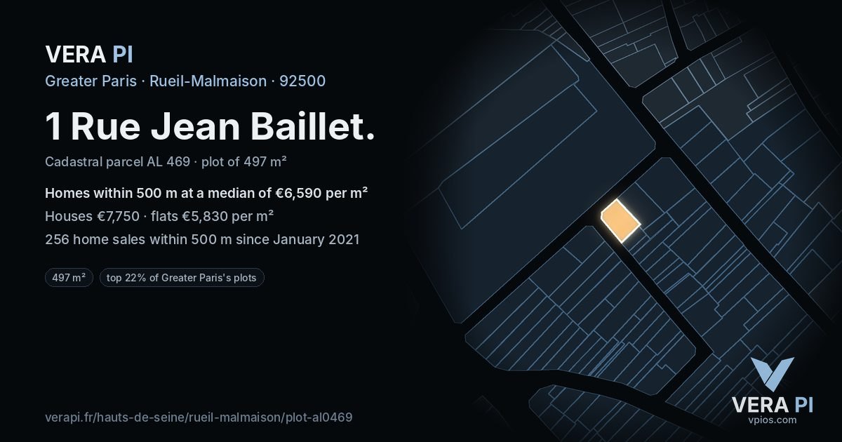 1 Rue Jean Baillet, Rueil-Malmaison at night – the plot lit, the parcels around coloured by the prices near them
