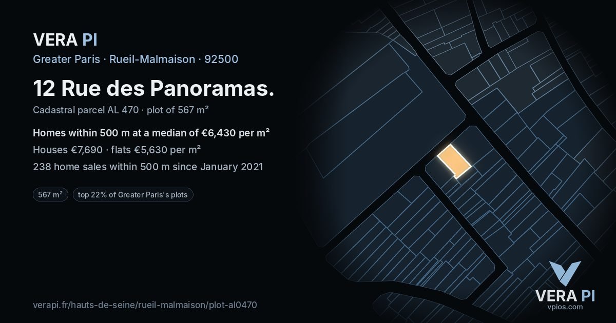 12 Rue des Panoramas, Rueil-Malmaison at night – the plot lit, the parcels around coloured by the prices near them
