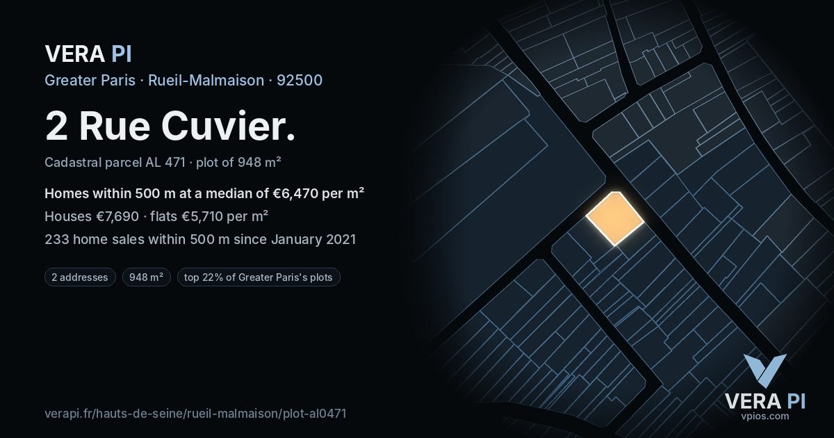 2 Rue Cuvier, Rueil-Malmaison at night – the plot lit, the parcels around coloured by the prices near them