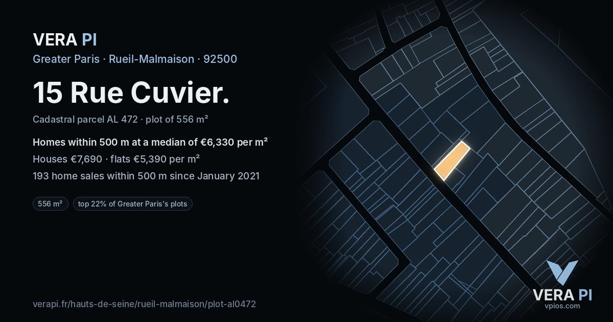 15 Rue Cuvier, Rueil-Malmaison at night – the plot lit, the parcels around coloured by the prices near them