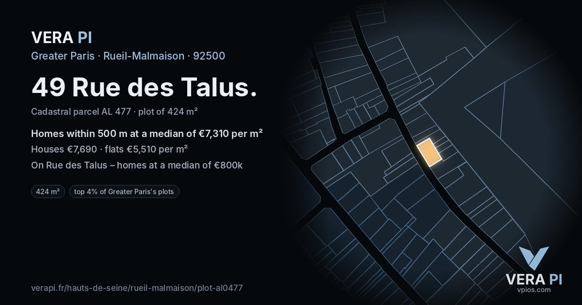 49 Rue des Talus, Rueil-Malmaison at night – the plot lit, the parcels around coloured by the prices near them