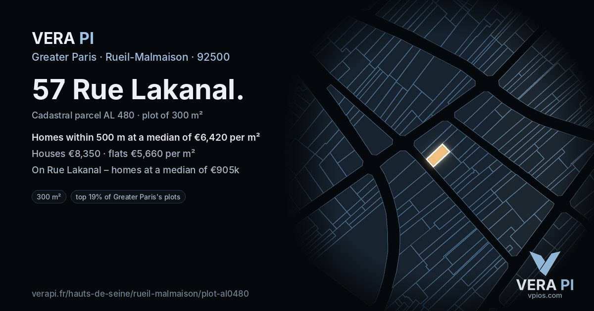 57 Rue Lakanal, Rueil-Malmaison at night – the plot lit, the parcels around coloured by the prices near them