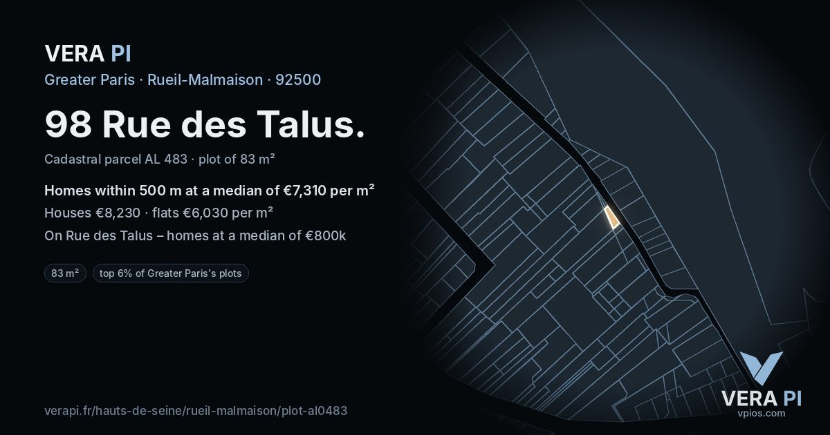 98 Rue des Talus, Rueil-Malmaison at night – the plot lit, the parcels around coloured by the prices near them