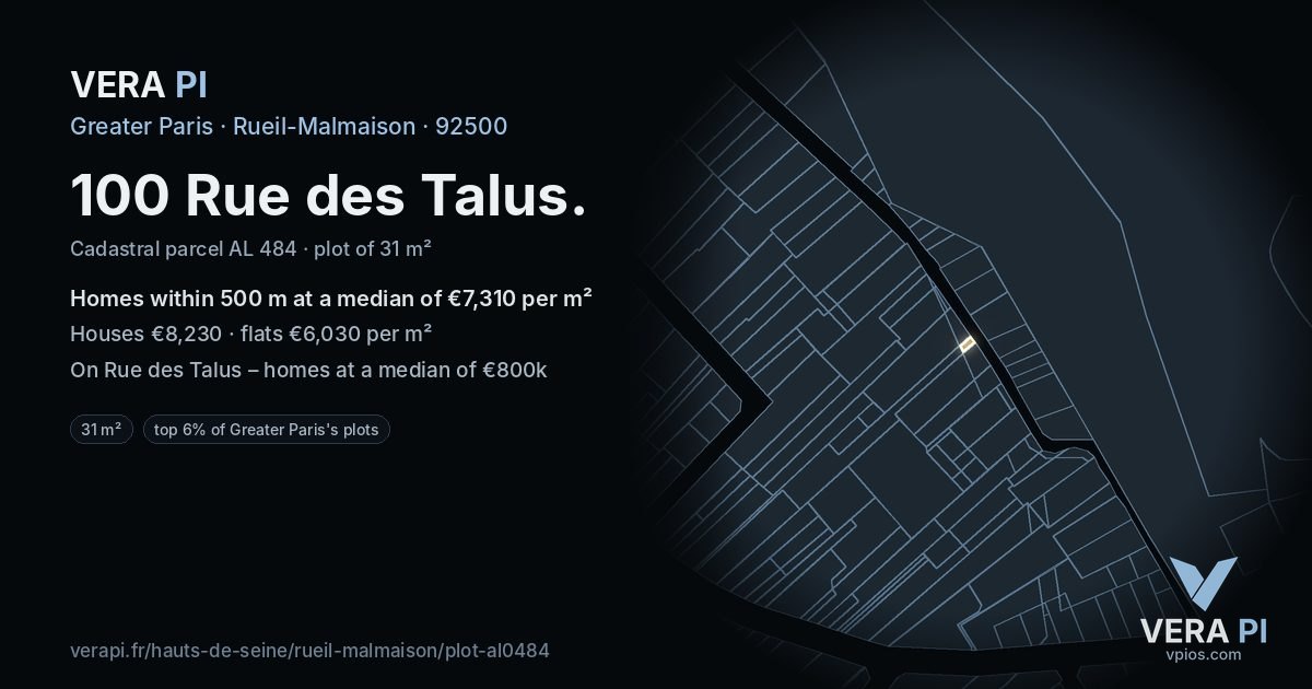 100 Rue des Talus, Rueil-Malmaison at night – the plot lit, the parcels around coloured by the prices near them